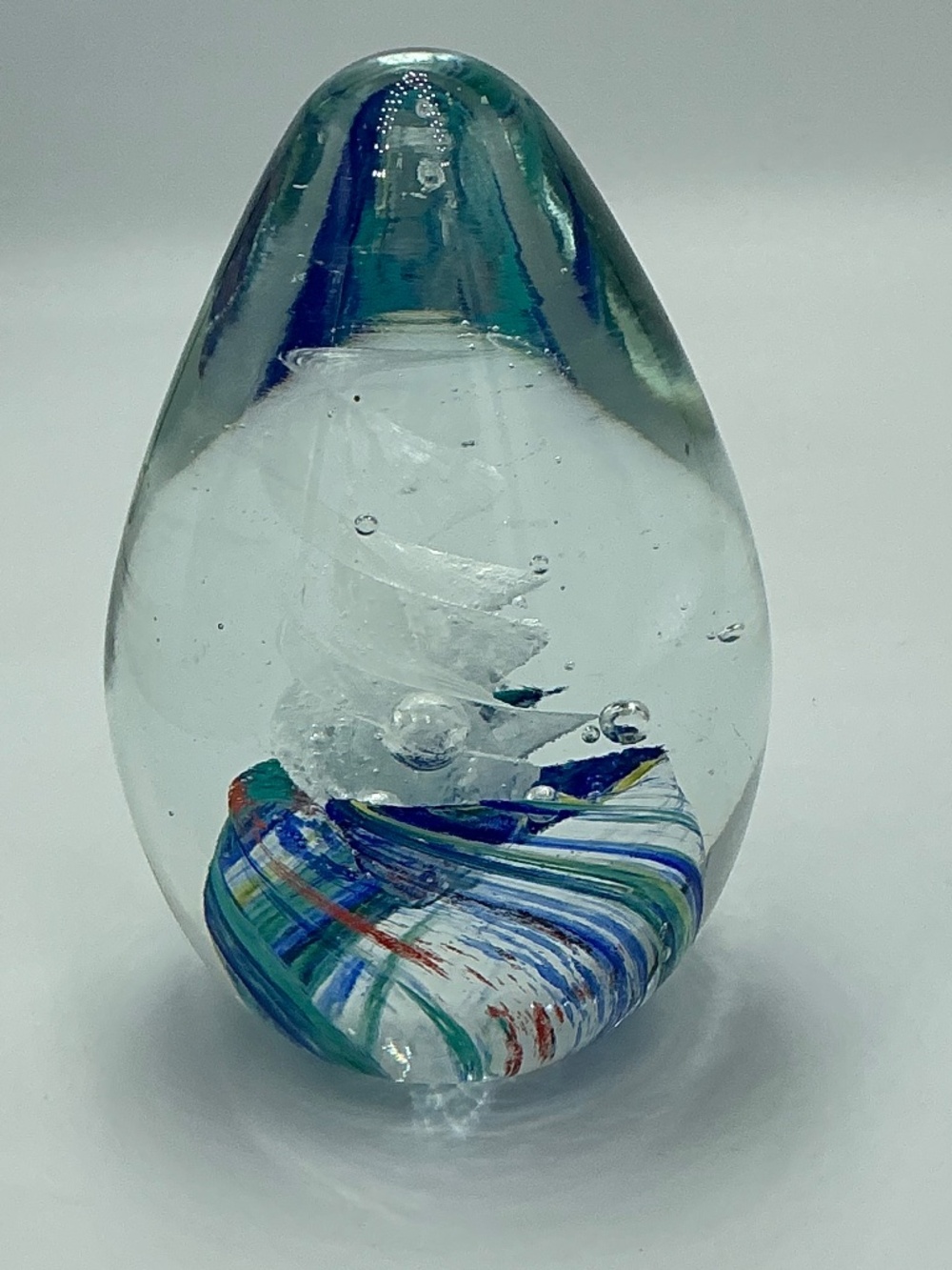 Vintage Egg Shaped Art Glass Paperweight White Spiral Swirl Controlled Bubbles